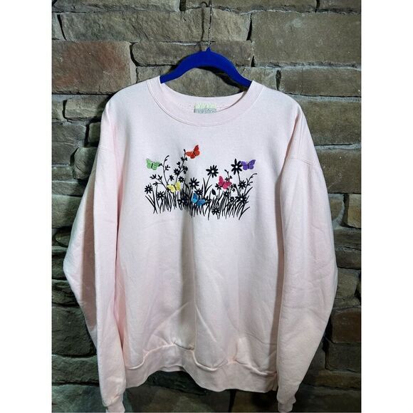 Women’s XL - Pink Flower Beautiful Nature Embroidered Crewneck Sweater - Picture 1 of 5